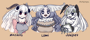 3girls :d antennae apron arthropod_girl artist_name beige_background black_sclera borrowed_character capelet character_name colored_sclera commentary english_commentary fur_collar green_eyes grey_apron grey_hair highres indie_virtual_youtuber insect_girl juniper_actias long_hair looking_at_viewer mashiro_(solopipb) monster_girl moth_girl mother_lumi_(matilda_fiship) multiple_girls murgoten open_mouth original red_eyes simple_background smile trait_connection upper_body virtual_youtuber white_eyes white_hair