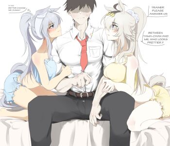 1boy 2girls ahoge animal_ears arm_hug blazer blue_eyes blush breast_press breasts bright_pupils brown_hair commentary doli_palta english_commentary frilled_negligee girl_sandwich grey_hair grey_tail hair_between_eyes hair_ornament hair_scrunchie hairband headband highres horse_ears horse_girl horse_tail hug jacket large_breasts lingerie long_hair multicolored_hair multiple_girls necktie negligee oguri_cap_(umamusume) on_bed open_mouth ponytail pout red_necktie sandwiched scrunchie shaded_face shirt sitting small_breasts tail tamamo_cross_(umamusume) trainer_(umamusume) umamusume underwear very_long_hair white_hair white_scrunchie white_shirt yellow_chemise
