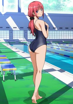 1girl absurdres ass barefoot blue_eyes blunt_bangs commentary_request commission competition_school_swimsuit full_body go-toubun_no_hanayome highres long_hair looking_at_viewer looking_back low_ponytail nakano_nino ponytail pool poolside red_hair school_swimsuit skeb_commission solo standing swimsuit yuuyuu_(3jjbn)