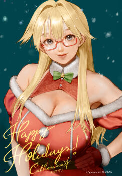 1girl bare_shoulders blonde_hair blue_eyes breasts catherine_(conto) cleavage conto dress ear_piercing freckles fur_trim glasses gloves green_background hands_on_own_hips happy_holidays highres huge_breasts large_breasts long_hair original piercing red-framed_eyewear red_gloves santa_costume santa_dress simple_background snow