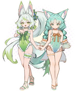 2girls animal_ear_fluff animal_ears chack520 chest_ribbon chinese_commentary choker commentary_request flip-flops frilled_one-piece_swimsuit frilled_thigh_strap frills full_body green_eyes green_hair green_one-piece_swimsuit halftone halftone_background highres large_ears large_variant_set long_hair looking_at_viewer multiple_girls neck_ribbon negiwolf one-piece_swimsuit original ribbon sandals swimsuit tail thigh_strap thighs variant_set white_background