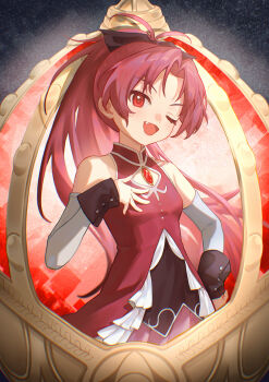 1girl :d ;d absurdres antenna_hair black_bow bow breasts chinese_commentary cleavage_cutout clothing_cutout commentary_request cowboy_shot curtained_hair detached_sleeves dress fang hair_bow hand_on_own_chest highres kurokami_nekoya magical_girl mahou_shoujo_madoka_magica mahou_shoujo_madoka_magica_(anime) one_eye_closed open_mouth parted_bangs red_dress red_eyes red_hair sakura_kyoko sakura_kyoko_(magical_girl) sleeve_cuffs sleeveless sleeveless_dress small_breasts smile solo soul_gem tsurime white_sleeves