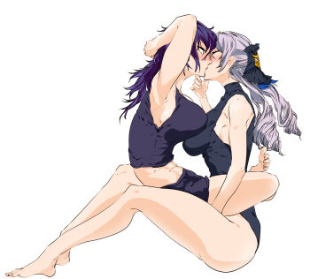 2girls abs absurdres armpits arms_behind_head arms_up bare_arms bare_legs bare_shoulders barefoot blush breasts bronya_rand detached_sleeves drill_hair exercising facing_another from_side full_body grey_hair hand_on_another's_chin highres honkai:_star_rail honkai_(series) kiss knees_up kyanduru large_breasts leg_lock leotard long_hair looking_at_another multiple_girls nose_blush purple_eyes seele_(honkai:_star_rail) shorts simple_background sit-up sitting sitting_on_person sleeveless leotard stomach toes toned toned_female twin_drills white_background yuri