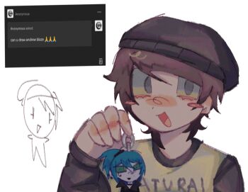 Rule 34 | 1boy, :d, animification, artist request, beanie, black hat, black sleeves, black trim, blush, blush stickers, brown hair, character charm, charm (object), clothes writing, commentary, danny phantom, doodle inset, ember mclain, english commentary, english text, grey eyes, hair between eyes, hand up, hat, holding, holding charm, long sleeves, looking at viewer, lower eyelashes only, male focus, no pupils, open mouth, portrait, raglan sleeves, randy stair, real life, request inset, screenshot inset, shirt, short hair, simple background, smile, solo, source request, swept bangs, third-party source, tongue, true crime, two-tone shirt, white background, white shirt, wide-eyed