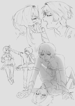 1boy 1girl adam&#039;s_apple arm_at_side arm_up armor bare_shoulders bloomers blunt_ends bodysuit bow boy_on_top breasts bridal_gauntlets cheek_squash cleavage clenched_teeth closed_eyes covered_collarbone criss-cross_halter curled_fingers detached_sleeves dress elbow_on_thigh eyelashes face-to-face facing_another fingernails genshin_impact gloves grabbing_another&#039;s_face grey_background greyscale half-closed_eyes halterneck hand_up head_grab head_rest hetero highres holding_hands interlocked_fingers japanese_armor japanese_clothes juban kimono kote leg_over_thigh lumine_(genshin_impact) mandarin_collar medium_breasts middle_ring monochrome open_clothes open_hand open_kimono open_mouth partially_fingerless_gloves pom_pom_(clothes) rope sandals sash scaramouche_(genshin_impact) scarf short_hair short_hair_with_long_locks shorts sidelocks sitting smack sweatdrop teeth thighhighs toes tongue tongue_out tsurime underwear vambraces vision_(genshin_impact) wanderer_(genshin_impact) wispy_bangs yukadon zac-n zouri