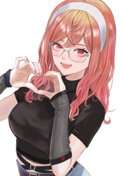 1girl :d absurdres arm_warmers black_shirt breasts commentary_request cropped_shirt dhbwinner glasses gradient_hair grey_arm_warmers hairband heart heart_hands highres hololive hololive_dev_is ichijou_ririka ichijou_ririka_(flashpoint) large_breasts long_hair multicolored_hair open_mouth orange_hair pink_hair shirt short_sleeves simple_background smile solo swept_bangs turtleneck upper_body virtual_youtuber white_background white_hairband