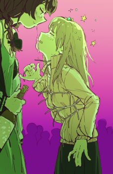 2girls age_difference alcohol black_skirt blush bocchi_the_rock! cable_tie closed_eyes dazed dizzy dress drooling drunk ggbbggbbbb gotoh_hitori green_dress hair_ornament highres hiroi_kikuri jacket multiple_girls pink_hair pink_jacket purple_hair saliva saliva_swap saliva_trail shibari shibari_over_clothes skirt yuri