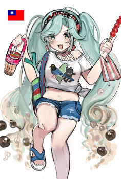 Rule 34 | 1girl, :d, animal print, aqua eyes, aqua hair, aqua nails, bear print, bird print, black bear, brown hair, bubble tea, commentary, cup, denim, denim shorts, disposable cup, drink, earrings, english commentary, fang, food, full body, hairband, hatsune miku, highres, holding, holding drink, holding food, jewelry, kaomoji (sagor00237), long hair, looking at viewer, map print, midriff, multicolored hair, navel, open mouth, republic of china flag, sandals, shirt, short shorts, short sleeves, shorts, smile, solo, spring onion, taiwan, taiwan blue magpie, tanghulu, twintails, two-tone hair, v-shaped eyebrows, very long hair, vocaloid, white background, white shirt, worldwide miku