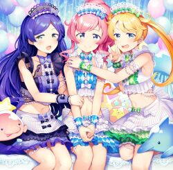 3girls :d aoba_rinka apron bad_id bad_twitter_id balloon bare_shoulders blobfish blonde_hair blue_eyes blue_hair blue_skirt blush commentary_request cowboy_shot dolphin frilled_cuffs frilled_skirt frills green_eyes green_skirt hand_on_another&#039;s_arm hand_on_another&#039;s_shoulder idol_clothes inactive_account kiracchu_(pri_chan) kiratto_pri_chan layered_skirt long_hair looking_at_viewer maid maid_headdress midriff moegi_emo momoyama_mirai multiple_girls nabeshima_(pon_nbsm) open_mouth pink_hair ponytail pretty_series purple_skirt sidelocks sitting skirt smile summer_maid_coord twintails unconventional_maid v waist_apron white_apron wrist_cuffs