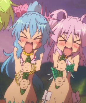 >_< 2girls animated animated_gif blue_hair bracelet cucumber closed_eyes hair_ornament hii-chan jewelry mermaid monster_girl multiple_girls namiuchigiwa_no_muromi-san pink_hair ponytail seashell sexually_suggestive shell sumida-san twintails