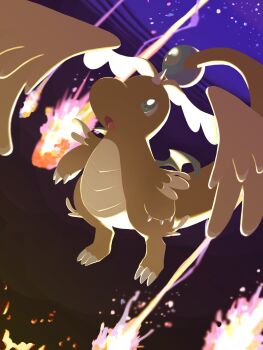 claws colored_skin dragon dragonite feathered_wings flying full_body gen_1_pokemon green_eyes head_wings highres horns mega_dragonite mega_pokemon meteor_shower monomo_monomos night nintendo no_humans open_mouth pokemon pokemon_(creature) pokemon_focus single_horn sky solo star_(sky) tail wings