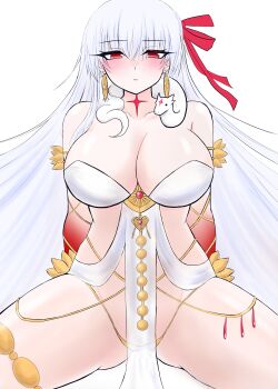 Rule 34 | 1girl, absurdres, armlet, bare shoulders, belly chain, blush, body markings, breasts, cleavage, colored extremities, commentary request, dress, durga (fate), durga (first ascension) (fate), earrings, fate/grand order, fate (series), grey hair, hair ribbon, highres, jewelry, large breasts, long hair, looking at viewer, mcpc zamurai, pelvic curtain, red eyes, red hands, ribbon, sash, snake, solo, spread legs, thighs, very long hair, white dress