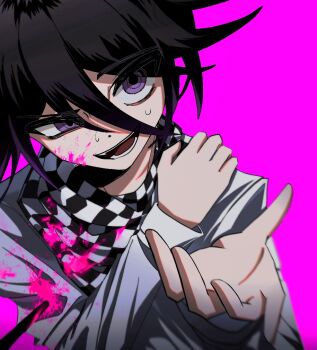 1boy arrow_(projectile) arrow_in_body black_hair blood blood_on_clothes blood_on_face blood_splatter checkered_clothes checkered_scarf commentary danganronpa_(series) danganronpa_v3:_killing_harmony flipped_hair hair_between_eyes half-closed_eye injury long_sleeves looking_at_viewer lv_k1b0 male_focus offering_hand oma_kokichi open_mouth pink_background pink_blood purple_eyes ringed_eyes scarf short_hair solo spoilers sweat teeth two-tone_scarf upper_body
