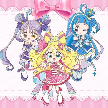 3girls aokaze_nana aqua_eyes artist_name back_bow bare_shoulders beads blonde_hair blue_boots blue_bow blue_bowtie blue_bridal_gauntlets blue_collar blue_dress blue_gemstone blue_hair blue_sleeves blunt_bangs boots border bow bow-shaped_hair bow_legwear bowtie bracelet bridal_gauntlets brooch buttons chibi clenched_hands closed_mouth collar commentary_request cropped_shirt cure_idol cure_kyunkyun cure_wink detached_collar detached_sleeves diamond_hair_ornament dot_nose dotted_line double_bun dress dress_bow earrings eyelashes frilled_bridal_gauntlets frilled_skirt frills gem hair_beads hair_between_eyes hair_bun hair_intakes hair_ornament hair_ribbon hand_jewel hand_on_own_hip happy headphones headset heart heart-shaped_hair heart_brooch heart_earrings heart_hair_ornament heart_print highres jewelry kimi_to_idol_precure knee_boots lace large_bow layered_skirt letterboxed long_hair looking_at_viewer magical_girl meru_(mer_milky77) midriff miniskirt multicolored_hair multiple_earrings multiple_girls navel one_eye_closed one_side_up outside_border outstretched_hand palm_tree pink_border pink_bow pink_bowtie pink_bridal_gauntlets pink_ribbon pink_shirt pink_skirt plaid_clothes plaid_dress plaid_ribbon plaid_skirt plaid_sleeves pleated_dress pleated_skirt pleated_sleeves precure puffy_short_sleeves puffy_sleeves purple_bow purple_bridal_gauntlets purple_eyes purple_hair ribbon sakura_uta_(precure) shigure_kokoro shirt short_dress short_sleeves single_side_bun skirt sleeveless sleeveless_shirt sphere_earrings standing strapless strapless_dress streaked_hair striped_border tareme thigh_boots tree twintails unmoving_pattern very_long_hair watermark white_background white_boots white_bow white_sleeves yellow_eyes