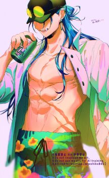 1boy abs blue_hair can collared_shirt covered_eyes cowboy_shot cu_chulainn_(caster)_(fate) cu_chulainn_(fate) cu_chulainn_(tropical_rune_summer)_(fate) dithering ear_piercing earrings fang fate/grand_order fate_(series) goshiko86g hand_in_pocket hawaiian_clothes highres holding holding_can jewelry long_hair male_focus muscular muscular_male open_clothes open_shirt piercing shirt shorts solo white_shirt