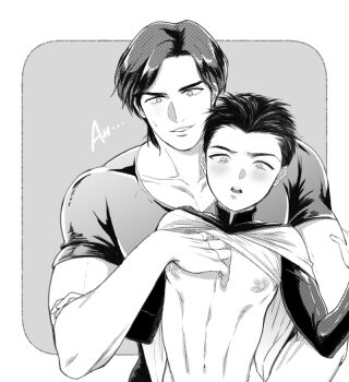 2boys age_difference batman_(series) clothes_lift damian_wayne dc_comics dick_grayson kiricloud male_focus monochrome multiple_boys nipples shirt_lift shota size_difference tagme undressing yaoi