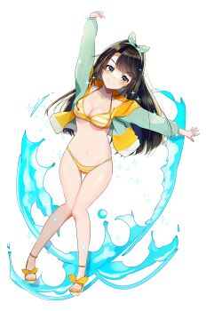 Rule 34 | 1girl, absurdres, arm above head, artist name, bikini, black hair, blue eyes, bow, bow hairband, breasts, closed mouth, emutakanoe, footwear bow, full body, green hairband, green jacket, hairband, halterneck, highres, hololive, jacket, knees together feet apart, large breasts, long hair, looking at viewer, multicolored jacket, navel, oozora subaru, oozora subaru (hololive summer 2019), open clothes, open jacket, original, outstretched arm, polka dot hairband, sandals, signature, simple background, smile, solo, sparkle, standing, striped bikini, striped clothes, swept bangs, swimsuit, two-tone jacket, virtual youtuber, water, white background, yellow bikini, yellow bow, yellow jacket, yellow sandals