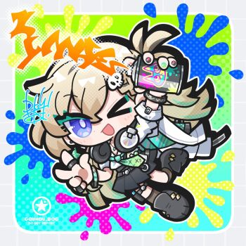 1girl artist_logo black_skirt blonde_hair blue_eyes commentary dog-san headphones headphones_around_neck highres holding holding_spray_can logo long_hair looking_at_viewer lynae_(wuthering_waves) one_eye_closed open_mouth skirt smile solo spray_can w wuthering_waves