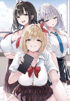 3girls bed bed_sheet black_bow black_bra black_hair black_skirt blonde_hair blue_eyes blue_necktie blue_sky blunt_bangs bow bra bra_peek braid breasts bursting_breasts cellphone cleavage cloud collarbone commentary_request cover cover_page crossed_arms day grey_hair grin hair_bow hair_ribbon highres holding holding_phone infirmary large_breasts long_hair looking_at_viewer mappaninatta multiple_girls necktie novel_cover novel_illustration official_art open_mouth original phone pleated_skirt purple_eyes red_necktie red_ribbon ribbon school_uniform shirt short_sleeves sidelocks skirt sky smartphone smile take_your_pick underwear white_shirt window yellow_eyes