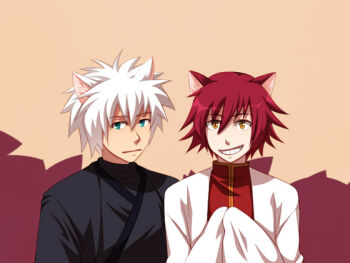 Rule 34 | 2boys, animal ears, assassin (ragnarok online), black shirt, brown background, brown eyes, cape, cat boy, cat ears, closed mouth, commentary request, dated commentary, green eyes, grin, hair between eyes, kemonomimi mode, looking at viewer, male focus, multiple boys, oomojiya, ragnarok online, red background, red hair, red shirt, shirt, short hair, smile, two-tone background, upper body, white cape, white hair, wizard (ragnarok online)