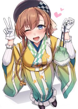 Rule 34 | 1girl, absurdres, beret, blue eyes, blush, braid, breasts, brown hair, commentary request, gloves, green kimono, grey hat, hagoita, hair ornament, hands up, hat, heart, highres, japanese clothes, kantai collection, kimono, kiritto, long hair, obi, official alternate costume, one eye closed, open mouth, paddle, propeller hair ornament, sash, smile, solo, striped clothes, striped kimono, teruzuki (kancolle), teruzuki (new year) (kancolle), v, white gloves, yellow kimono
