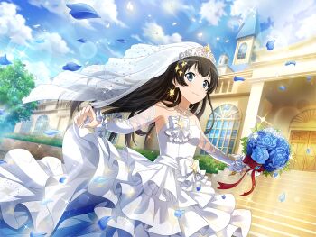 Rule 34 | 1girl, blue eyes, blue flower, blue rose, blue sky, bouquet, breasts, bridal veil, bride, building, closed mouth, day, dress, earrings, falling petals, flower, frilled dress, frills, game cg, holding, holding bouquet, jewelry, kagura hikari, long hair, looking at viewer, necklace, official art, outdoors, outstretched arms, petals, rose, shoujo kageki revue starlight, shoujo kageki revue starlight -re live-, sidelocks, sky, small breasts, solo, sparkle earrings, sparkle hair ornament, standing, strapless, strapless dress, tiara, upper body, veil, white dress