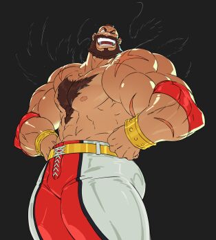 1boy abs absurdres bara beard bulge chest_tuft cowboy_shot eric_huang facial_hair full_beard highres huge_pectorals looking_at_viewer male_focus mature_male mohawk multiple_scars muscular muscular_arms muscular_legs muscular_male navel nipples one_eye_closed scar short_hair solo standing street_fighter strongman_waist textless_version thick_beard thick_chest_hair thick_eyebrows thighs topless_male zangief