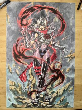 1girl armor art_of_ellery art_tools_in_frame black_leotard black_lips black_nails black_sclera breasts clothing_cutout colored_sclera dark_persona fantastic_four floating_clothes full_body grey_background hashtag-only_commentary highres large_breasts leotard long_hair looking_at_viewer malice_(sue_storm) marker marvel marvel_rivals navel official_alternate_costume open_mouth pauldrons purple_bodystocking red_eyes red_scarf rock scarf shoulder_armor solo spiked_pauldrons spikes stomach_cutout sue_storm toes traditional_media white_hair