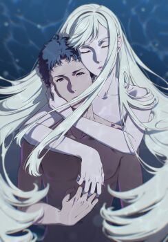 1boy 1girl arms_around_neck black_hair blonde_hair closed_eyes closed_mouth collarbone couple enelous gigi_andalusia gundam gundam_hathaway&#039;s_flash hathaway_noa hetero highres long_hair nail_polish nipples nude purple_eyes purple_nails short_hair swept_bangs very_long_hair very_short_hair water