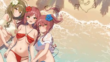3girls absurdres ahoge alstroemeria_(idolmaster) asymmetrical_bikini beach bikini blue_bikini blue_flower blush breasts brown_eyes brown_hair cleavage_cutout closed_mouth clothing_cutout collarbone commentary_request cowboy_shot crab curly_hair dappled_sunlight earrings flower from_above green_hair hair_flower hair_ornament heart hibiscus highres idolmaster idolmaster_shiny_colors jewelry kuwayama_chiyuki large_breasts long_hair looking_at_viewer lying medium_breasts multicolored_flower multiple_girls navel off-shoulder_bikini off_shoulder on_back on_side open_mouth osaki_amana osaki_tenka outdoors palm_tree parted_lips partially_submerged ponytail red_bikini red_flower sand see-through_clothes see-through_shirt shade shirt short_hair short_sleeves side-tie_bikini_bottom stomach sunlight swimsuit swimsuit_under_clothes thigh_gap tied_shirt tree twintails underboob wanitaroo._(waniwani_panic) water wavy_hair wet wet_clothes white_flower white_shirt yellow_eyes yellow_flower
