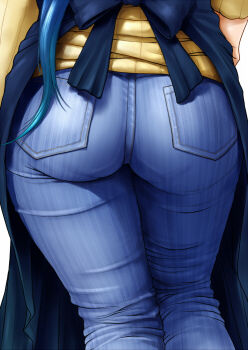 10s 1girl apron ass ass_focus blue_hair close-up curvy denim female_focus from_behind gundam gundam_build_fighters hand_on_own_hip huge_ass iori_rinko jeans long_hair mature_female pants pantylines plump ribbed_sweater shinobu_(tyno) simple_background skin_tight solo sweater thick_thighs thighs tight_clothes tight_pants very_long_hair white_background wide_hips