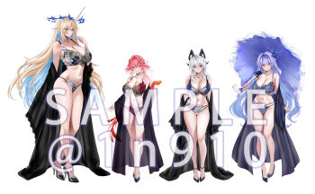 4girls ahoge artist_name bare_legs bare_shoulders black_bra black_horns black_panties black_robe black_shoes black_tail blonde_hair blue_bra blue_eyes blue_flower blue_hair blue_nails blue_panties blush body_markings bra braid breasts bright_pupils cantarella_(wuthering_waves) changli_(wuthering_waves) chinese_commentary cleavage closed_mouth clothes_down collarbone colored_extremities commentary commentary_request crown_of_thorns curled_horns demon_tail earrings english_commentary facial_mark fingernails fleurdelys_(wuthering_waves) floating_earrings flower full_body groin hair_between_eyes hair_extensions hair_flower hair_ornament hand_up high_heels highres holding holding_umbrella horns huge_breasts jewelry key_earrings large_breasts legs lingerie long_hair long_horns looking_at_viewer m_(1n910) mark_under_eye merchandise_available mole mole_on_breast mole_under_eye multicolored_hair multiple_girls nail_polish navel necklace open_clothes open_robe orange_eyes orange_nails panties parasol parted_lips pink_hair pointy_ears purple_hair purple_nails purple_umbrella red_eyes red_hands ring_hair_extensions robe sample_watermark see-through_robe shoes sidelocks simple_background single_horn smile stomach symbol-only_commentary tachi-e tail thigh_gap thighs twin_braids twitter_username two-tone_hair umbrella underwear very_long_hair watermark white_background white_bra white_hair white_panties white_pupils wuthering_waves yellow_horns zani_(wuthering_waves)