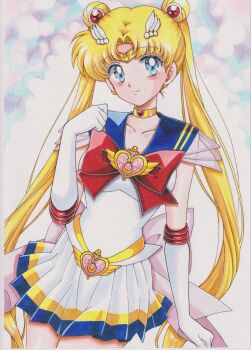 1girl absurdres bishoujo_senshi_sailor_moon blonde_hair blue_eyes blue_sailor_collar blush bow bowtie brooch chikoto_(kztc4472) closed_mouth commentary cowboy_shot double_bun elbow_gloves gloves hair_bun hair_ornament hand_up heart heart_brooch highres jewelry long_hair looking_to_the_side parted_bangs pleated_skirt red_bow red_bowtie sailor_collar sailor_moon sailor_senshi_uniform shirt short_sleeves skirt smile solo super_sailor_moon traditional_media tsukino_usagi twintails white_gloves white_shirt white_skirt wing_hair_ornament