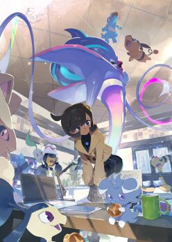 2girls ? ampharos beak black_bodysuit black_gloves black_hair black_sclera bodysuit bodysuit_under_clothes book bread breasts brown_jacket chikorita chinese_commentary closed_mouth colored_sclera commentary_request computer cup dark-skinned_female dark_skin duplicate e_volution emma_(pokemon) espurr essentia_(pokemon) fangs floating food food_in_mouth forehead_jewel furry galette_(food) gen_2_pokemon gen_3_pokemon gen_4_pokemon gen_5_pokemon gen_6_pokemon gloves green_jacket grey_fur hair_ornament harmony_(pokemon) hat helmet highres holding holding_food holding_tray indoors jacket lamp laptop latex latex_bodysuit leaf leaning_forward long_sleeves lopunny lucario lumiose_galette malamar mawile mega_malamar mega_pokemon mega_ring mega_stone multicolored_gloves multiple_girls multiple_others nintendo office on_shoulder on_table open_clothes open_jacket open_mouth orange_gloves pants pig pokemon pokemon_(creature) pokemon_legends:_z-a pokemon_on_shoulder purple_eyes red_eyes red_sclera sharp_teeth shirt short_hair smile squid standing striped_hat table tail teacup teeth tentacles tepig totodile tray two-tone_gloves white_hat white_shirt yellow_eyes