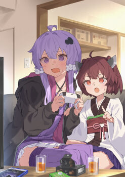 2girls ahoge black_jacket brown_hair commentary_request controller couch criss-cross_halter dress game_controller hair_ornament hair_scrunchie halterneck hand_on_another's_arm headgear highres holding holding_controller holding_game_controller hood hood_down hooded_jacket indoors jacket japanese_clothes kimono long_sleeves multiple_girls obi obiage obijime on_couch open_clothes open_jacket open_mouth orange_eyes playing_games pointing purple_dress purple_eyes purple_hair purple_skirt purple_thighhighs sash scrunchie short_hair short_hair_with_long_locks short_twintails sitting skirt thighhighs touhoku_kiritan twintails voiceroid white_kimono white_scrunchie wide_sleeves yamamomo_(plank) yuzuki_yukari