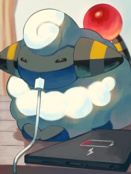 animal_focus cellphone charger closed_eyes closed_mouth gen_2_pokemon highres indoors mareep nintendo no_humans p9kfxaofqi54546 phone pokemon pokemon_(creature) pokemon_focus sheep smartphone smile tail wool
