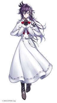 1boy absurdres androgynous banzoin_hakka black_eyeshadow black_gloves blue_eyes blush boots buttons capelet coat commentary copyright_notice earrings eyeshadow feather_hair_ornament feathers full_body fur-trimmed_capelet fur-trimmed_coat fur-trimmed_sleeves fur_trim gloves hair_between_eyes hair_down hair_ornament hat highres holostars holostars_english holotempus jewelry lace-up_boots long_coat long_hair long_sleeves looking_at_viewer makeup male_focus multicolored_hair nekocha_dao official_art own_hands_together purple_hair red_ribbon ribbon snakebite_(piercing) solo standing streaked_hair virtual_youtuber white_background white_capelet white_coat white_hair white_hat white_ribbon