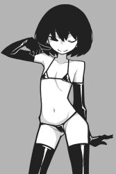 1girl ;) akableak bikini black_bikini black_eyes black_gloves black_hair black_thighhighs colored_skin contrapposto flat_chest gloves grey_background high_collar highres latex micro_bikini monochrome monogatari_(series) navel one_eye_closed oshino_ougi short_hair simple_background smile solo swimsuit thighhighs white_skin
