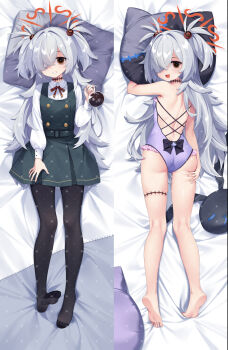 1girl :d barefoot bed_sheet black_pantyhose blue_archive brown_eyes collared_shirt commentary_request dakimakura_(medium) dress dress_shirt frilled_one-piece_swimsuit frills grey_dress grey_hair hair_over_one_eye halo hand_up highres holding kanoe_(blue_archive) long_hair long_sleeves lying multiple_views on_back on_stomach one-piece_swimsuit open_mouth pantyhose pillow pinafore_dress pleated_dress poppy_(poppykakaka) puffy_long_sleeves puffy_sleeves purple_one-piece_swimsuit shirt sleeveless sleeveless_dress smile soles swimsuit two_side_up very_long_hair white_shirt