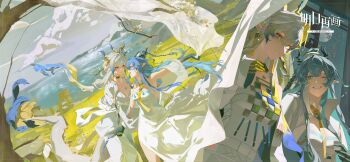 absurdres alternate_costume arknights bare_shoulders blue_eyes blue_hair blue_hands blue_horns breasts chinese_commentary choker cleavage closed_mouth colored_extremities commentary_request copyright_logo dragon_girl dragon_horns dragon_tail dress eastern_dragon_horns eastern_dragon_tail eyeliner floating_clothes floating_hair grass hair_between_eyes highres holding horns jewelry kouyangchatuolajisiji ling_(arknights) logo long_hair makeup multicolored_hair multiple_views necklace necktie one_eye_closed orange_eyeliner outdoors outstretched_arm pointy_ears profile shu_(arknights) sky smile standing streaked_hair tail very_long_hair water white_dress white_hair wind yellow_hands yellow_necktie