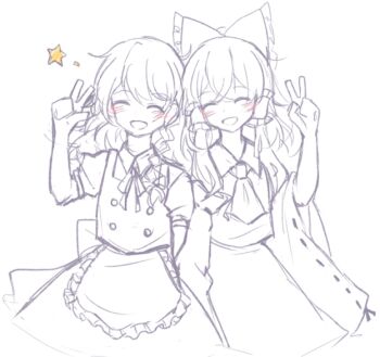 2girls apron ascot back_bow blush bow braid chinese_commentary collared_shirt commentary_request facing_viewer frilled_bow frilled_hair_tubes frills greyscale hair_bow hair_tubes hakurei_reimu kirisame_marisa long_hair monochrome multiple_girls neck_ribbon nizi_nnz no_headwear open_mouth puffy_short_sleeves puffy_sleeves ribbon ribbon-trimmed_sleeves ribbon_trim shirt short_sleeves side_braid single_braid sketch skirt smile spot_color star_(symbol) touhou v vest waist_apron