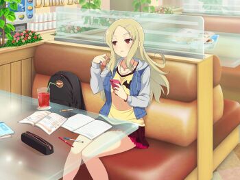 1girl animal_print backpack bag bat_print bendy_straw black_bag black_skirt blonde_hair blush booth_seating bracelet branch breasts casual cellphone collarbone cup day denim denim_jacket diner drinking_glass drinking_straw flower frilled_skirt frills glass_table hair_ornament hairclip heart_pendant holding holding_phone indoors jacket jewelry juice large_breasts leaf long_hair long_sleeves mechanical_pencil menu mole mole_under_mouth nail_polish necklace notebook official_alternate_costume official_art orange_flower paper parted_bangs parted_lips pen pencil pencil_case phone pink_flower pink_nails pink_skirt pinky_ring plant red_eyes red_flower restaurant ring senran_kagura senran_kagura_new_link senran_kagura_shinovi_versus shiki_(senran_kagura) shirt sitting skirt smartphone solo studying table tile_floor tiles tomato_juice two-tone_skirt vending_machine yaegashi_nan yellow_shirt