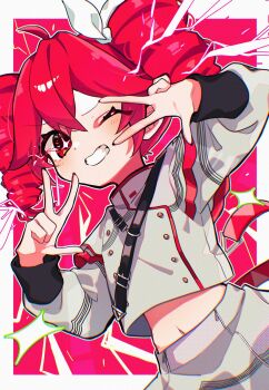 1girl ahoge blush border buttons commentary_request crossed_bangs double-breasted double-parted_bangs double_w drill_hair grey_jacket grin hair_between_eyes hair_ribbon hands_up highres jacket kasane_teto kasane_teto_(sv) long_sleeves looking_at_viewer midriff_peek navel one_eye_closed outline outside_border red_background red_eyes red_hair ribbon shigure_(rinky_creater) short_hair smile solo synthesizer_v twin_drills upper_body utau w white_border white_outline white_ribbon