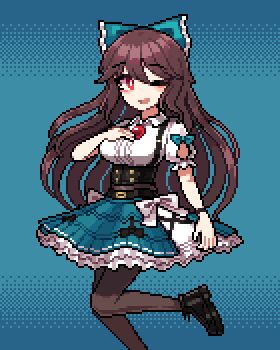 1girl black_shoes bow brown_hair collared_shirt commentary_request corset green_bow green_skirt hair_bow hand_on_own_chest harness highres long_hair looking_at_viewer one_eye_closed open_mouth pantyhose pixel_art red_eyes reiuji_utsuho sechy shirt shoes skirt smile solo touhou white_shirt