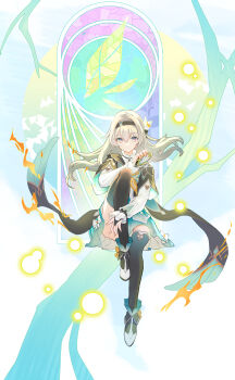 1girl absurdres arm_around_leg black_hairband black_thighhighs bloomers bridal_gauntlets closed_mouth firefly_(honkai:_star_rail) grey_hair hair_between_eyes hair_ornament hairband highres holding honkai:_star_rail honkai_(series) long_hair long_sleeves looking_at_viewer milixian necktie orange_necktie pink_eyes sitting solo stained_glass thighhighs underwear