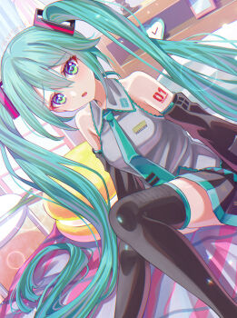 1girl aqua_eyes aqua_hair aqua_nails aqua_necktie arm_tattoo bare_shoulders bed black_skirt blush boots breasts clock collared_shirt commentary_request curtsey_cc detached_sleeves feet_out_of_frame grey_shirt hair_between_eyes hair_ornament hatsune_miku highres indoors long_hair long_sleeves looking_at_viewer necktie number_tattoo on_bed open_mouth pleated_skirt shirt signature sitting skirt sleeveless sleeveless_shirt solo stuffed_toy tattoo thick_thighs thigh_boots thighs twintails very_long_hair vocaloid watch
