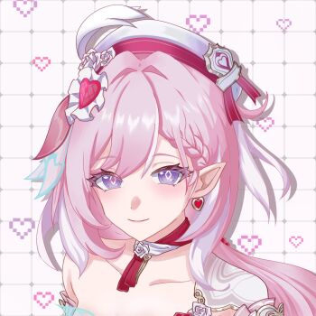 1girl bare_shoulders beret breasts commentary_request diamond-shaped_pupils diamond_(shape) earrings elf elysia_(hi_love_elf)_(honkai_impact) elysia_(honkai_impact) grid_background hat heart heart_earrings highres honkai_(series) honkai_impact_3rd jewelry long_hair looking_at_viewer mamuchi819 multicolored_hair pink_hair pointy_ears purple_eyes smile solo symbol-shaped_pupils two-tone_hair upper_body very_long_hair white_hair
