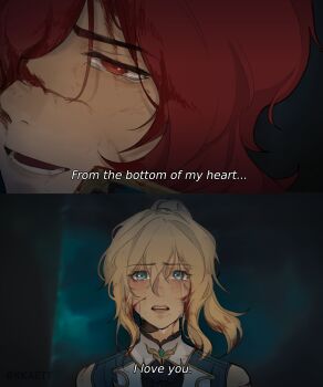 1boy 1girl absurdres bare_shoulders blonde_hair blood blood_on_face blue_eyes blush crying crying_with_eyes_open detached_collar diluc_(genshin_impact) english_text genshin_impact hair_between_eyes hair_over_one_eye high_ponytail highres injury jean_(genshin_impact) kkaett looking_at_another open_mouth parody ponytail red_eyes red_hair sidelocks split_screen tears violet_evergarden_(series)