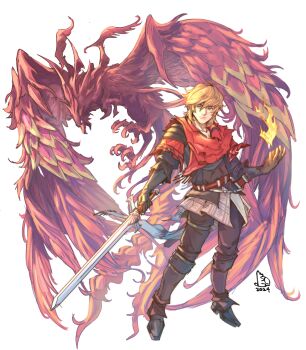 1boy 2024 absurdres belt black_gloves black_jacket black_pants blonde_hair blue_eyes capelet closed_mouth commentary english_commentary final_fantasy final_fantasy_xvi fire full_body gloves hair_between_eyes highres holding holding_sword holding_weapon jacket joshua_rosfield male_focus pants phoenix_(final_fantasy) piccolourme pyrokinesis red_capelet short_hair signature solo_focus standing sword weapon white_background