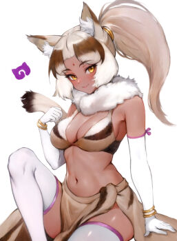 1girl animal_ears bindi blush breasts brown_hair cleavage closed_mouth commentary dark-skinned_female dark_skin elbow_gloves fur_collar gloves high_ponytail highres indian_wolf_(kemono_friends) jack4l japari_symbol kemono_friends kemono_friends_3 large_breasts long_hair looking_at_viewer multicolored_hair navel ponytail smile solo symbol-only_commentary tail thighhighs white_hair wolf_ears wolf_girl yellow_eyes